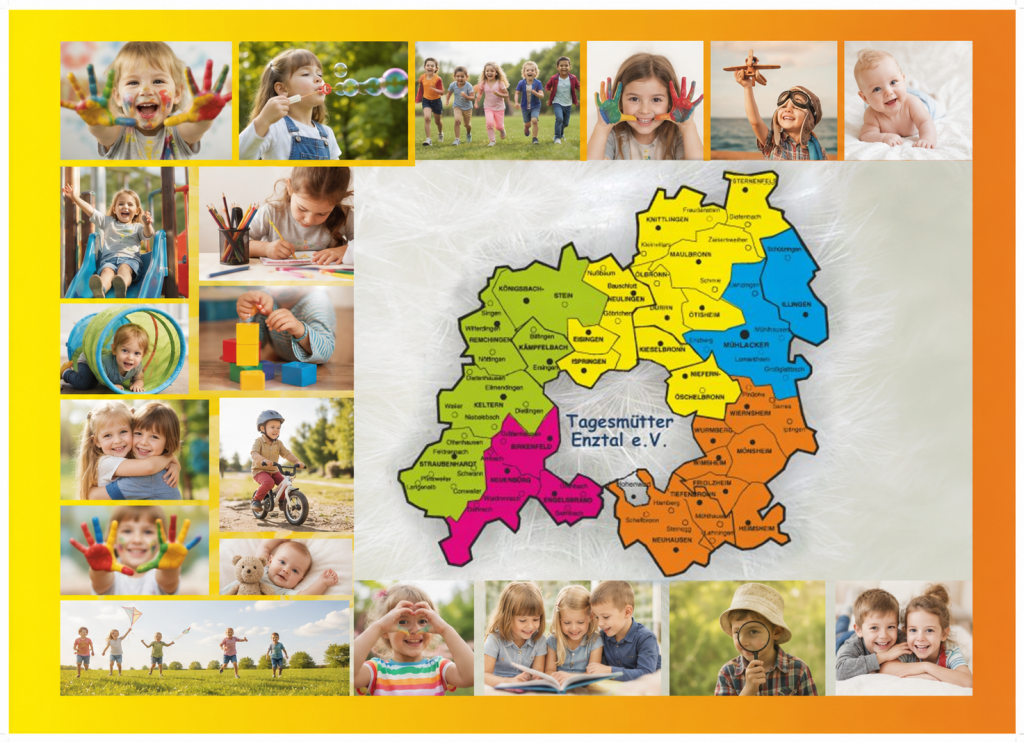 Zuständigkeitsbereiche der Fachkräfte im Enzkreis, umrahmt von Bildern spielender Kinder